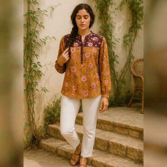 NWT LOFT Floral Print Peasant Blouse L | Burnt Sienna & Plum Fall Boho Romantic - Picture 1 of 8
